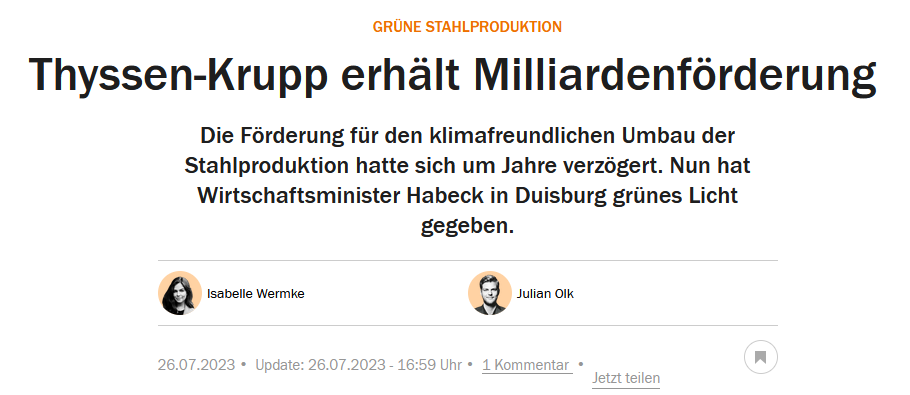 Read more about the article Salzgitter – Stand der Umstellung auf grünen Stahl bei Thyssen-Krupp