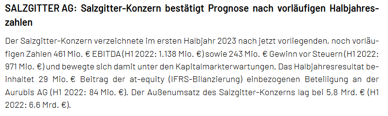Read more about the article Salzgitter – vorläufiges Ergebnis H1 2023