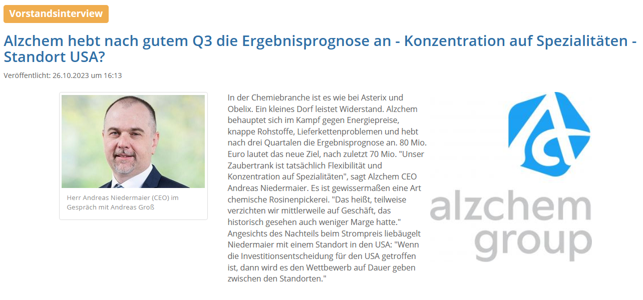Read more about the article Alzchem – Interview mit CEO zu den Zahlen Q3 2023