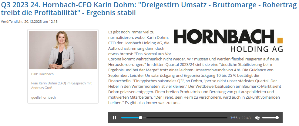 Read more about the article Hornbach – Interview Fr. Dohm (CFO) zu Q3 2023/24