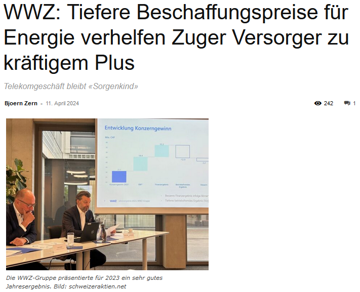 Read more about the article WWZ – Artikel schweizeraktien.net zum Geschäftsjahr 2023