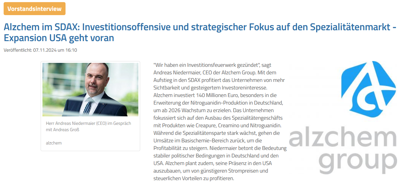 Read more about the article Alzchem – CEO-Interview auf Börsenradio Network zu den Zahlen per Q3 2024