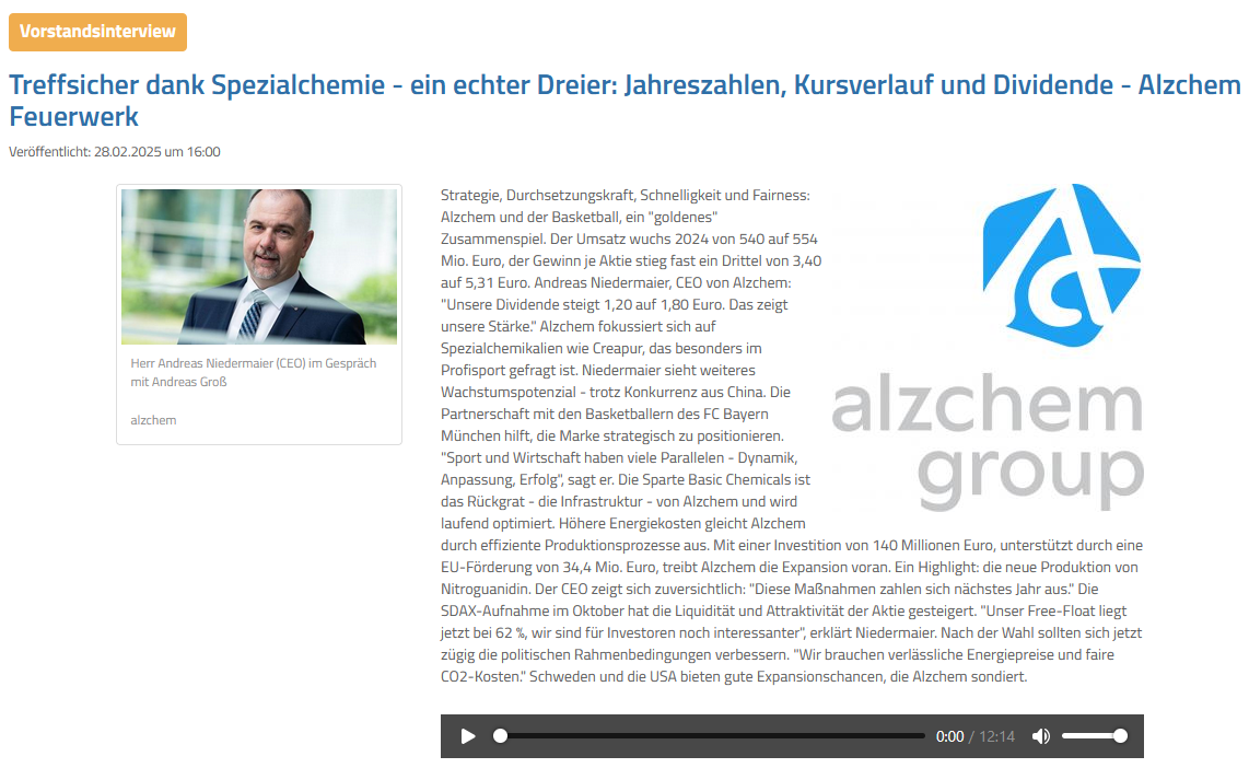 Mehr über den Artikel erfahren Alzchem – Interview CEO zu den 2024er-Zahlen